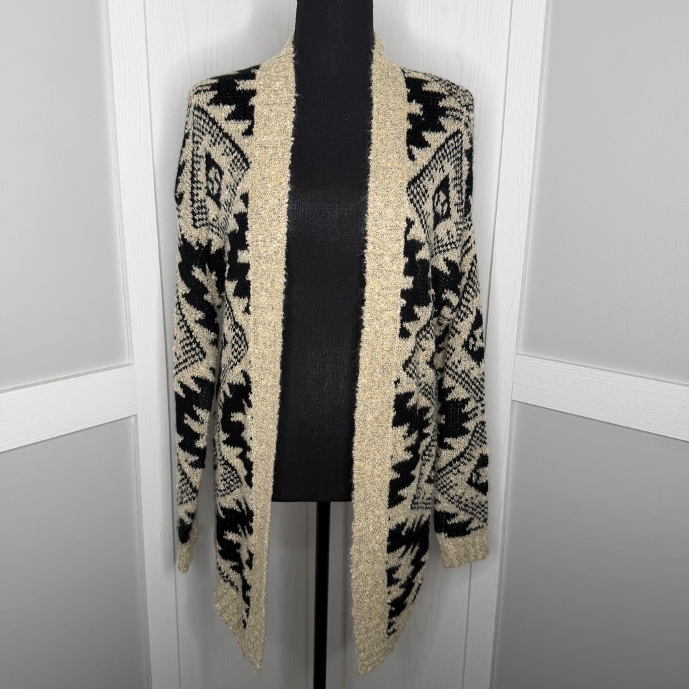 Debut Cardigan Women S/M Tan Black Geometric Aztec Knit Open Front C7002